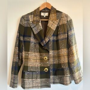 Valentino Olive, Tan & Navy Plaid Wool Blazer with Gold Buttons
